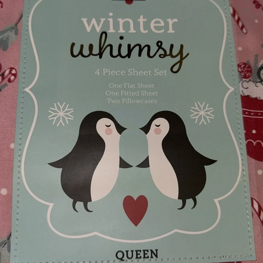 Winter Whimsy Penguin and Red Christmas Stockings Holiday Queen Sheet Set